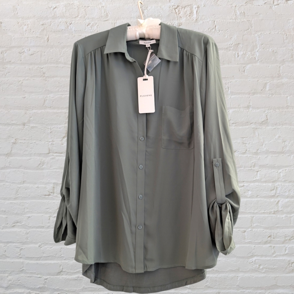 Pleione Mixed Media Roll Sleeve Top Blouse Olive Green Size XL NWT